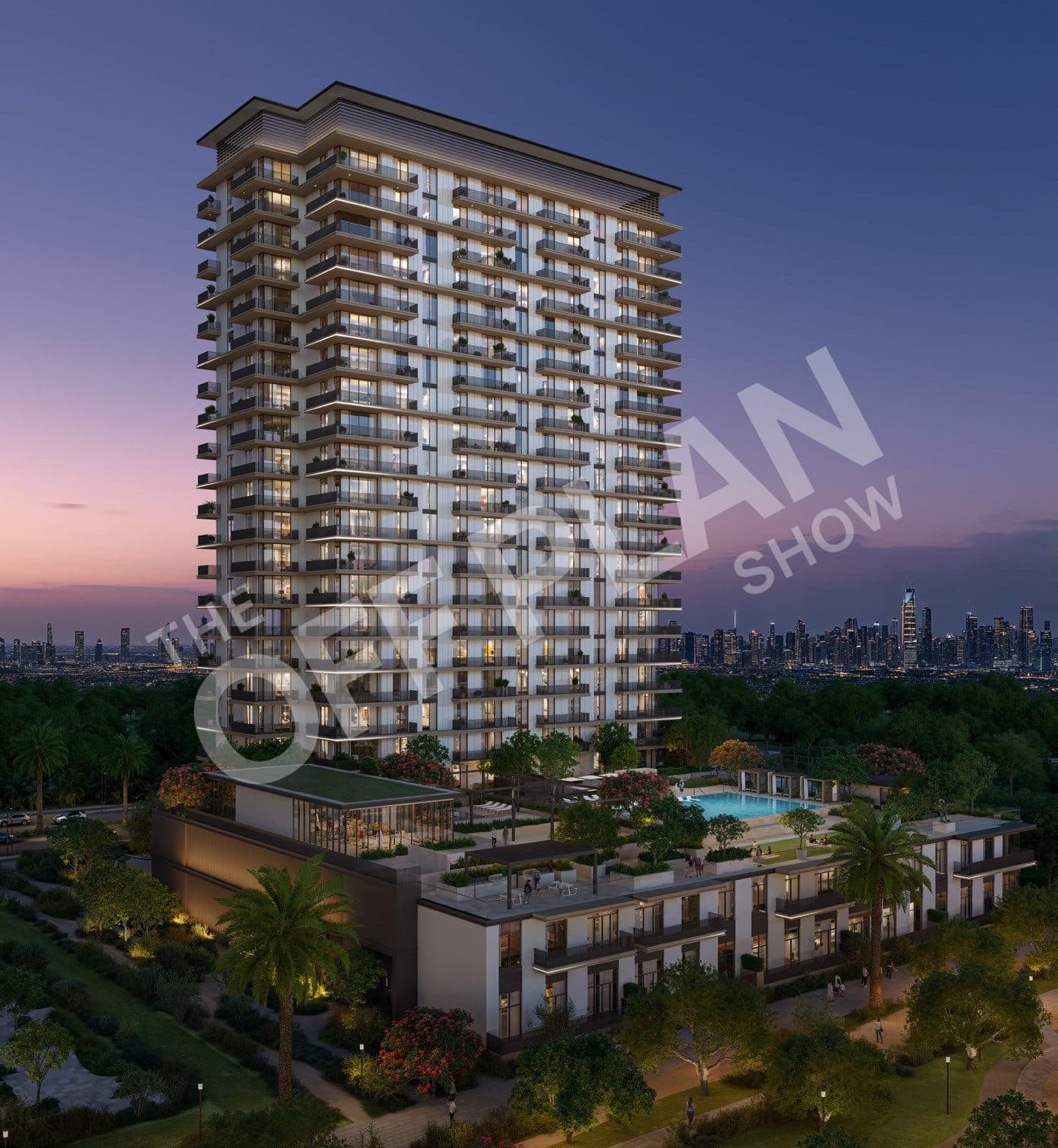 Greencrest tower at dusk with the low block and podium pool in front