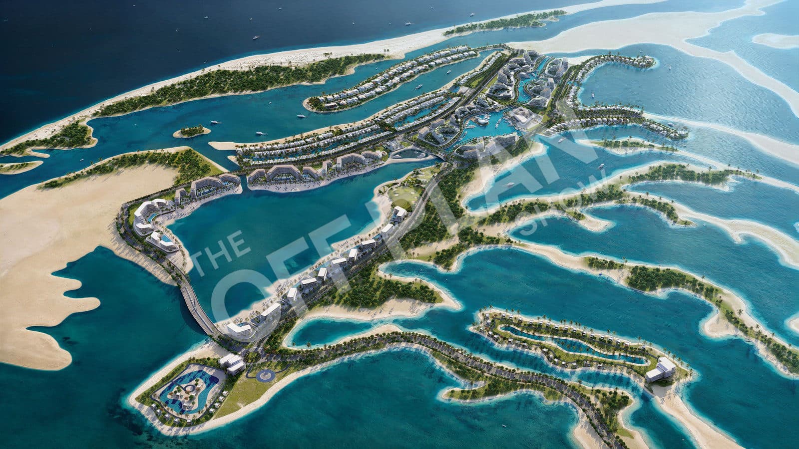Aerial render of Sobha Siniya Island with marina, beach apartments, villa fingers and lagoons