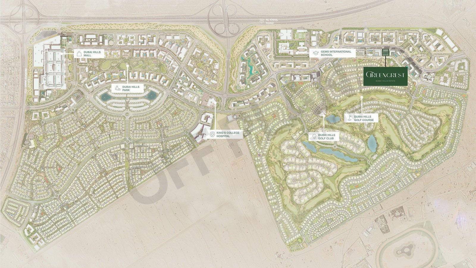 Dubai Hills Estate map with Greencrest marked north of the golf course beside GEMS International School, with the mall, park, hospital and golf club labelled