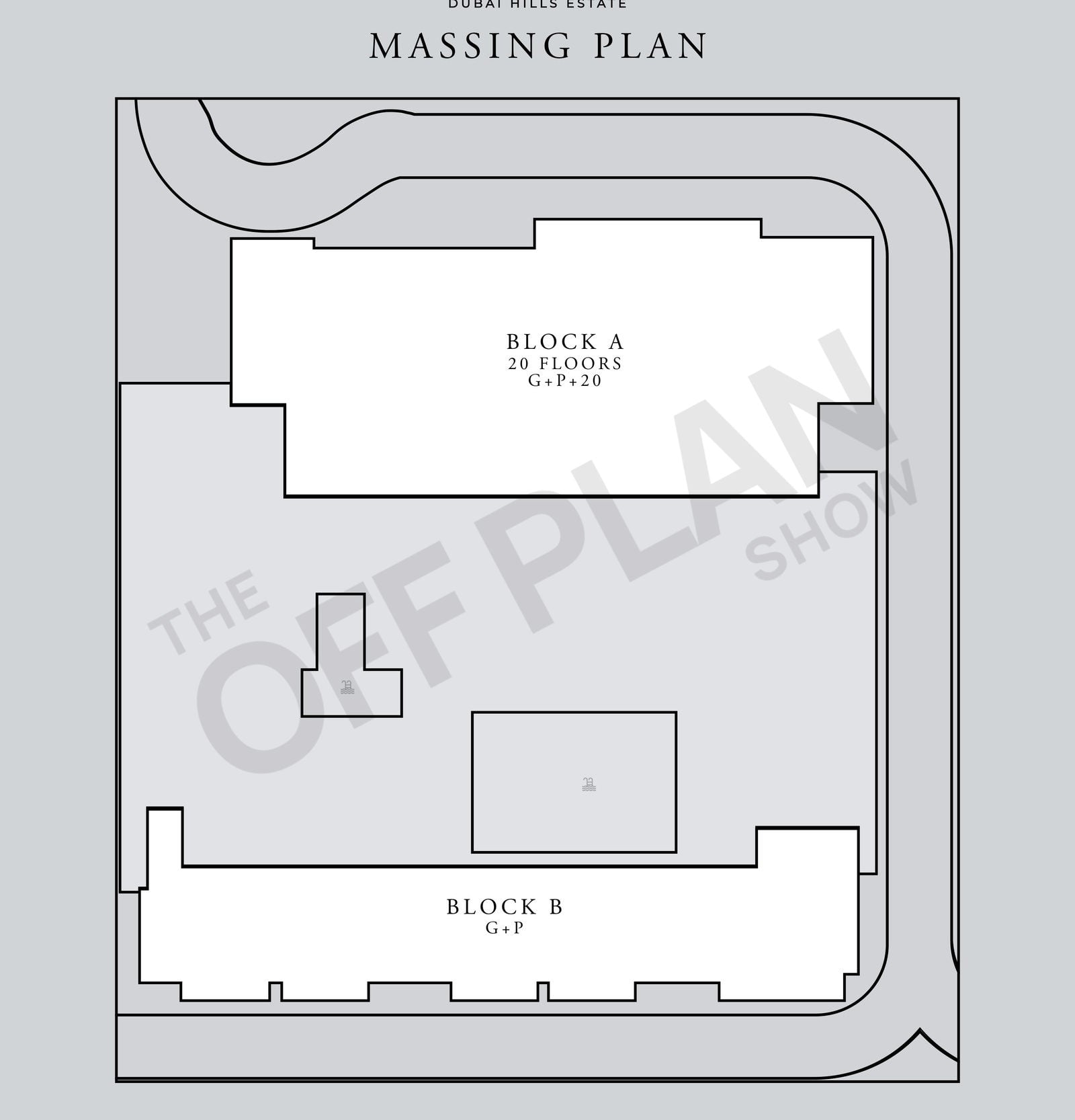 Greencrest massing plan: Block A tower of ground, podium and 20 floors along the top, Block B ground-and-podium block along the bottom, pool deck between