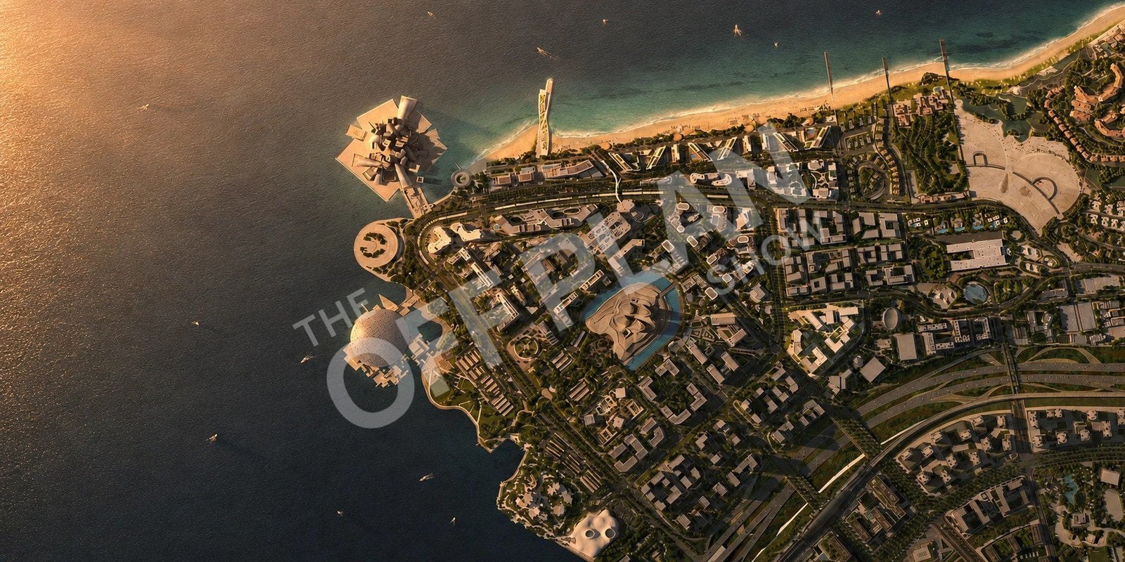 Aerial render of Saadiyat Cultural District with the Louvre Abu Dhabi, the Guggenheim Abu Dhabi site and the Zayed National Museum