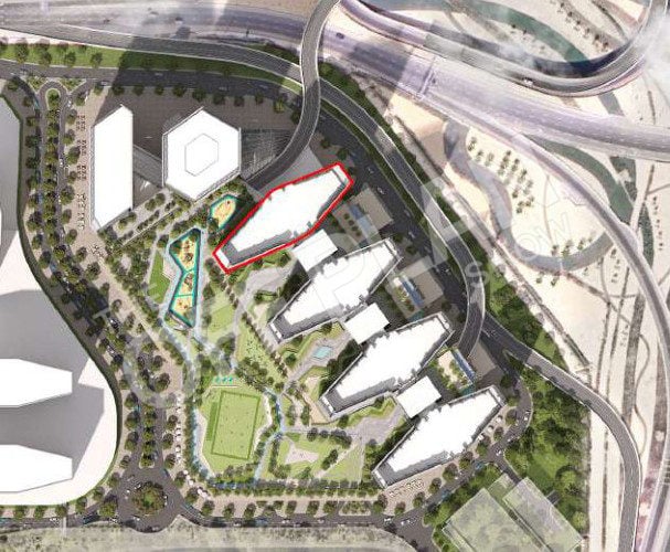 Sobha Central site plan with The Horizon outlined in red, the first tower in the row nearest the interchange