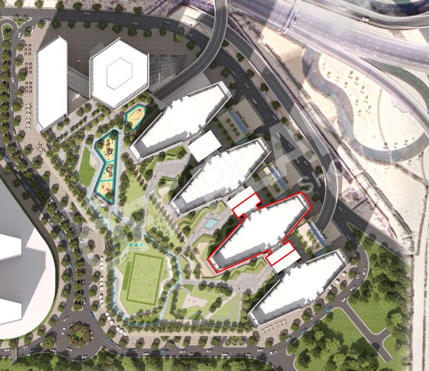 Sobha Central site plan with The Serene outlined in red in the middle of the row of towers