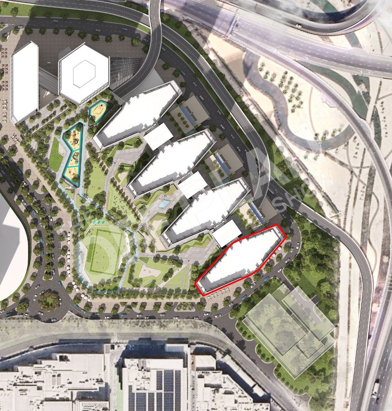 Sobha Central site plan with The Tranquil outlined in red at the south-eastern end of the row of towers