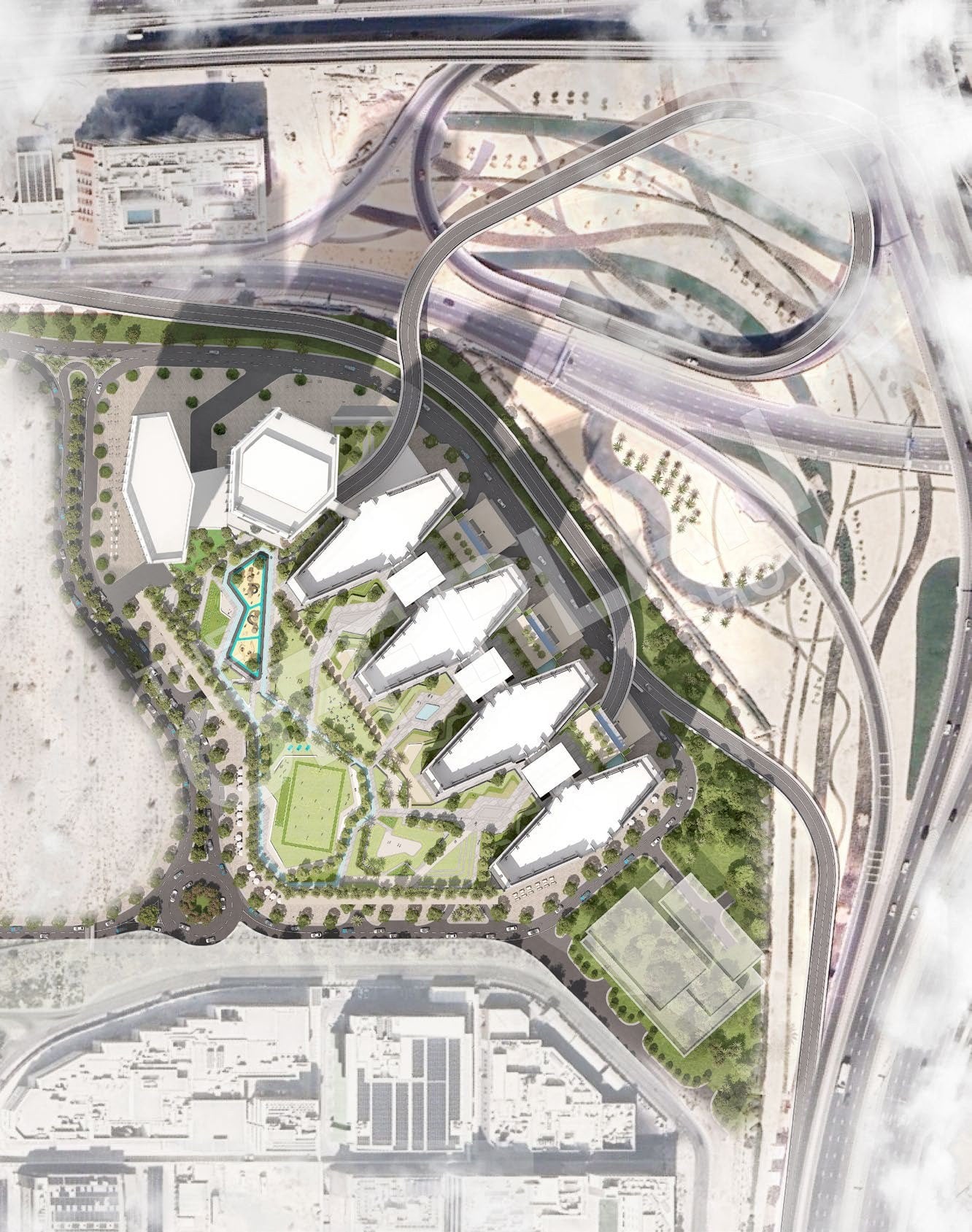 Sobha Central site plan: tower slabs along the Sheikh Zayed Road interchange around a landscaped podium park with a football pitch, retail buildings to the west