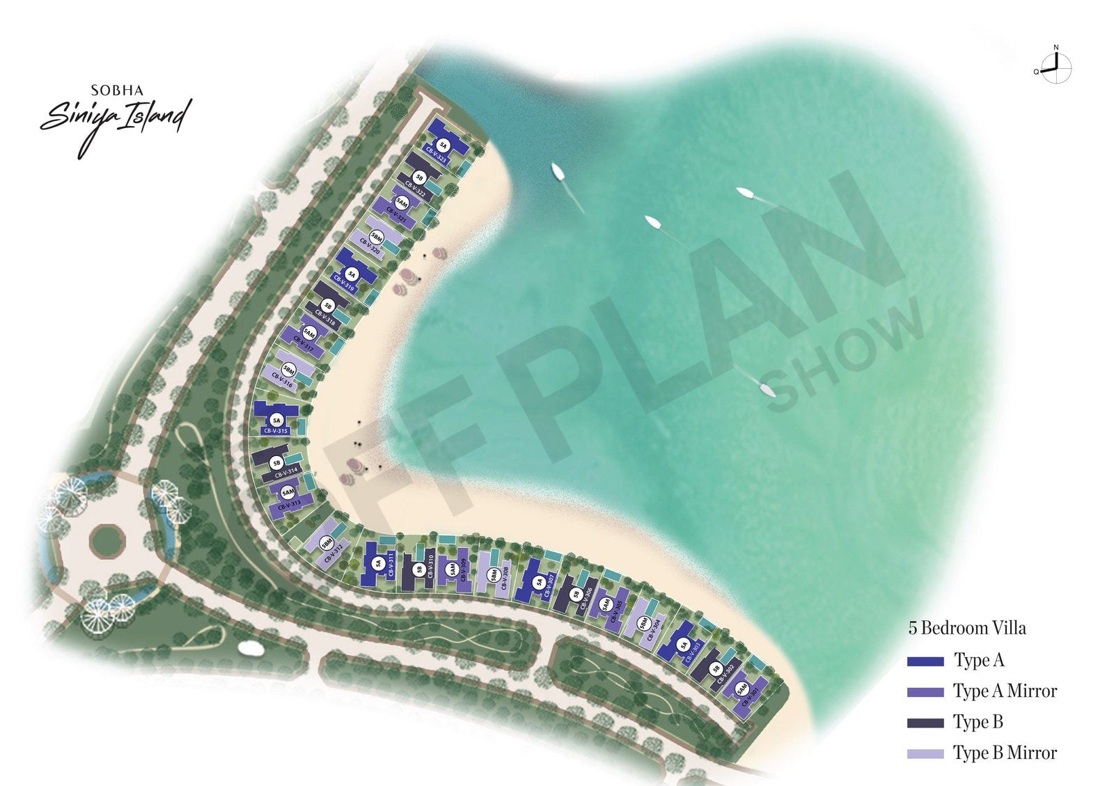 Coral Beach Villas Phase 2 Launch 1 layout around a curved bay, with a key to villa types