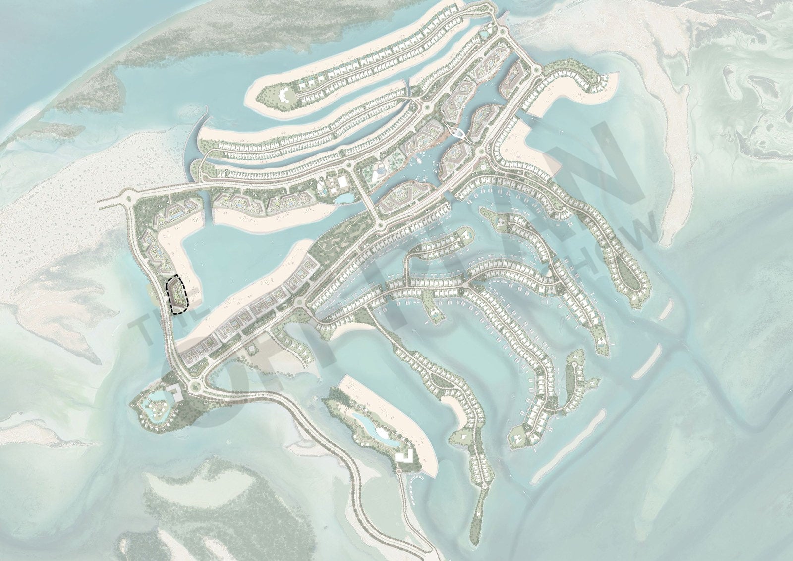 Sobha Siniya Island masterplan drawing showing the marina, apartment clusters, villa rows and lagoons