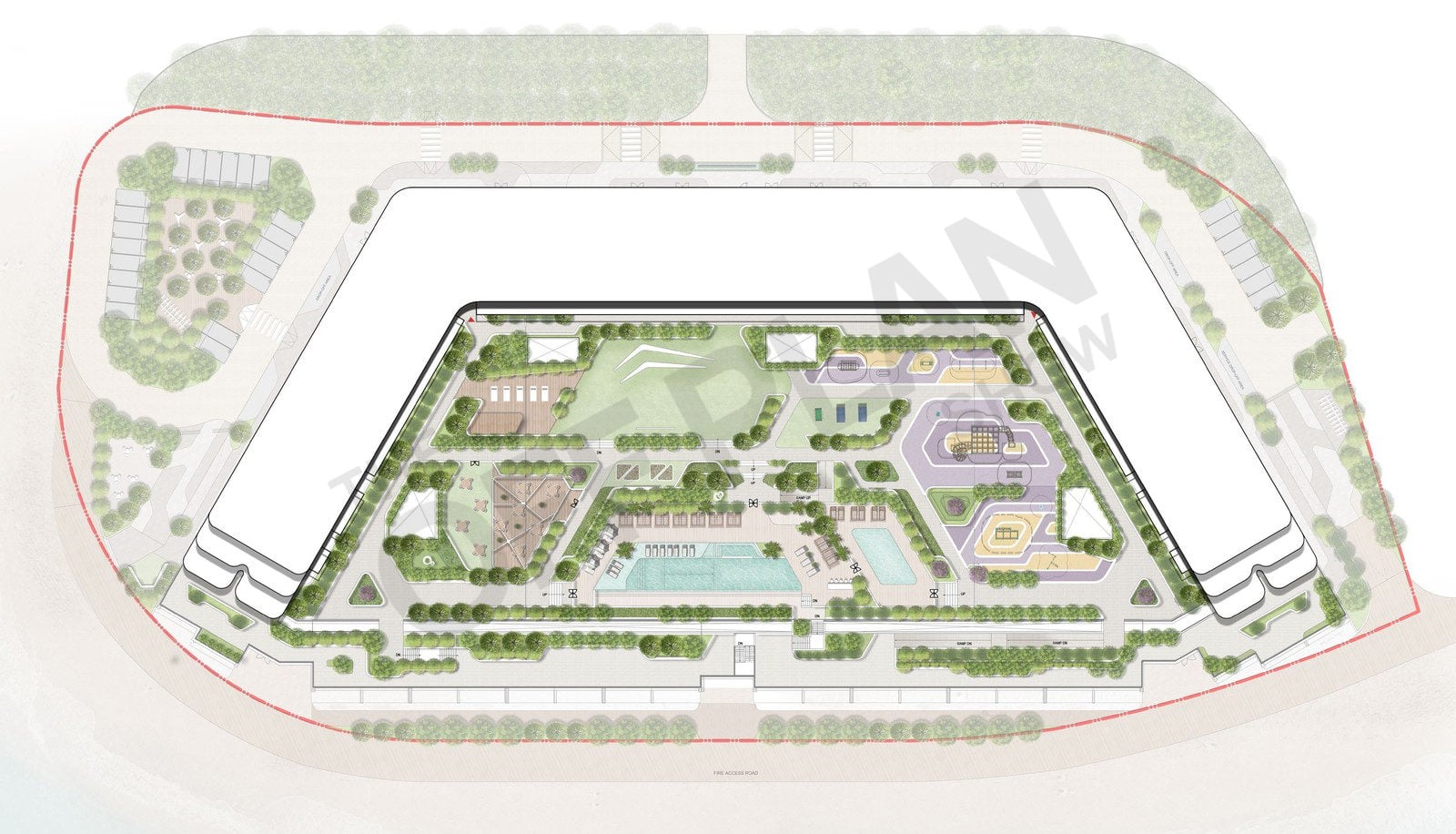 Tranquil Beach Residences site plan with two towers around a podium garden and pools