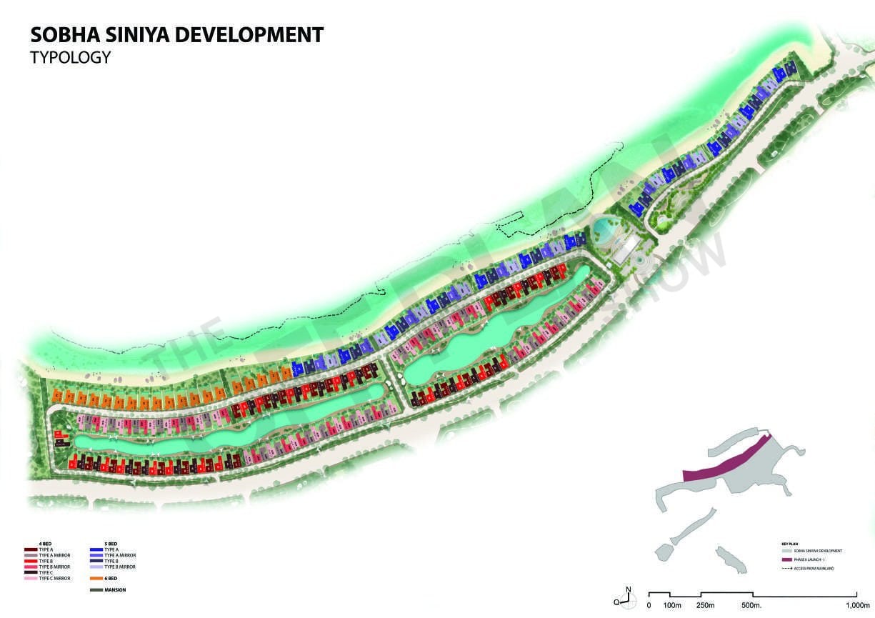 Sobha villa typology plan showing rows of villas along the beach, coloured by type