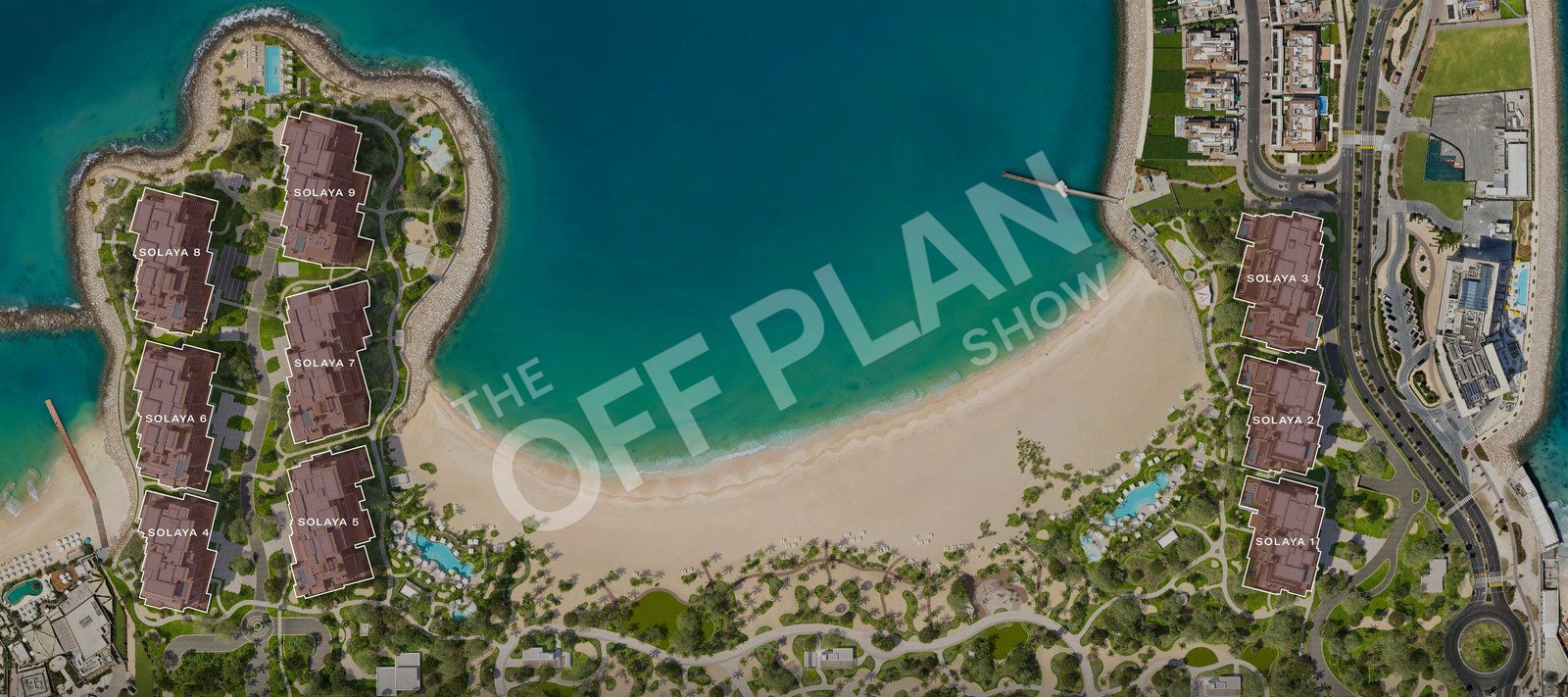 Meraas masterplan of Solaya showing buildings Solaya 1 to 9 around the bay at La Mer
