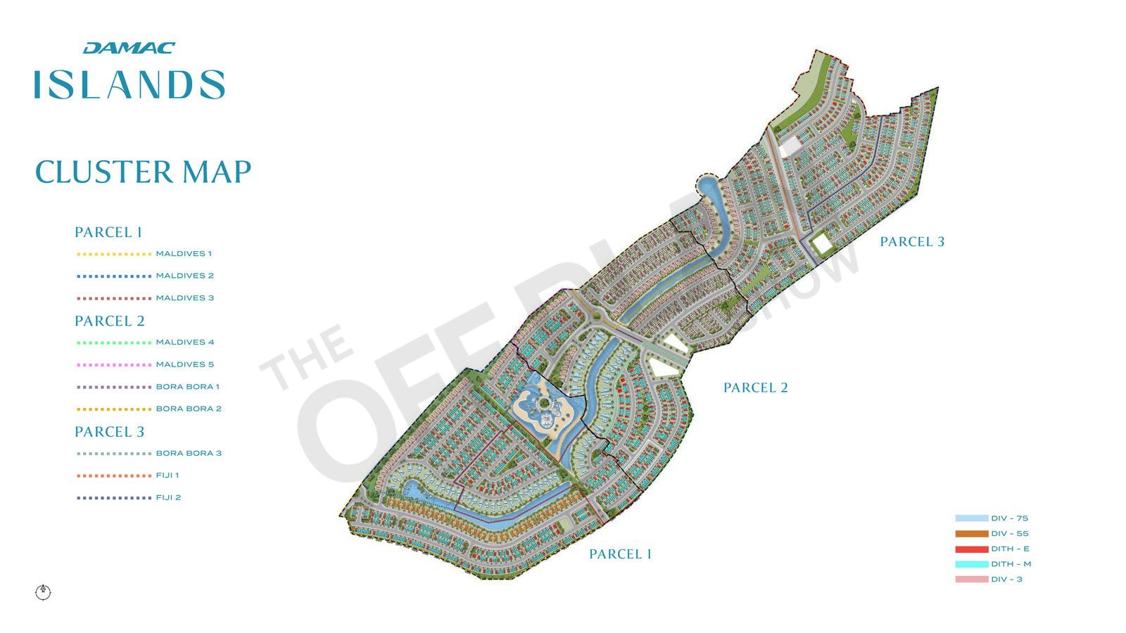 DAMAC Islands phase 1 cluster map with parcels 1 to 3 and cluster names