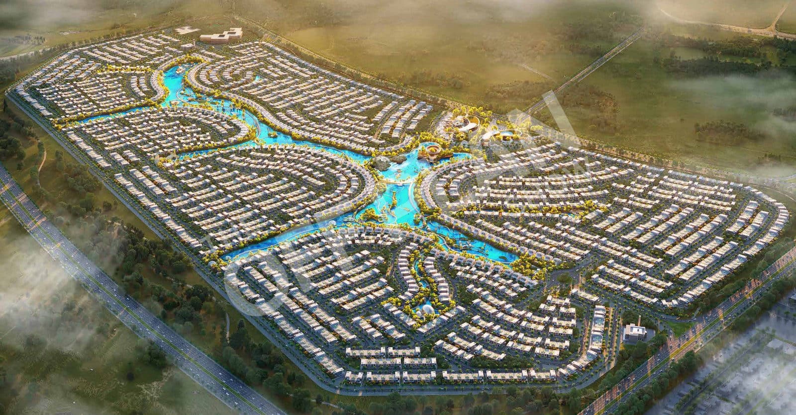 Aerial render of DAMAC Islands 2 with homes around a winding lagoon