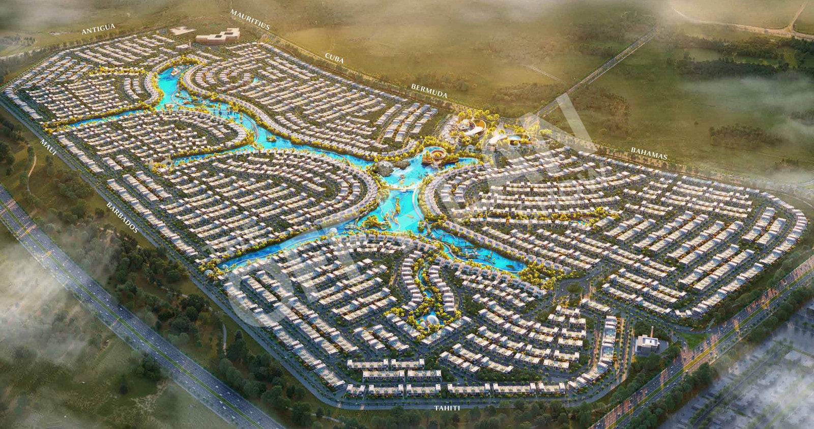 Aerial render of DAMAC Islands 2 labelled with the cluster names Antigua, Mauritius, Cuba, Bermuda, Bahamas, Tahiti, Maui and Barbados