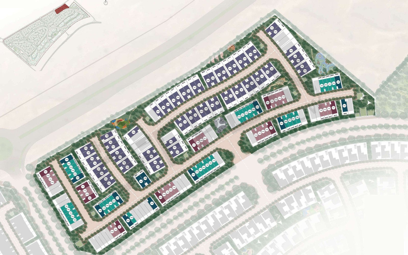 The Brooks cluster plan from Sobha's brochure, villa plots coloured by type along the main road