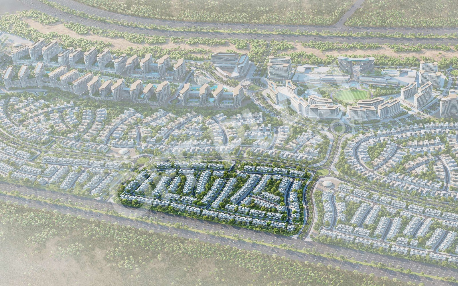 Aerial render of Sobha Sanctuary with The Greens block shown in full colour among faded villa streets