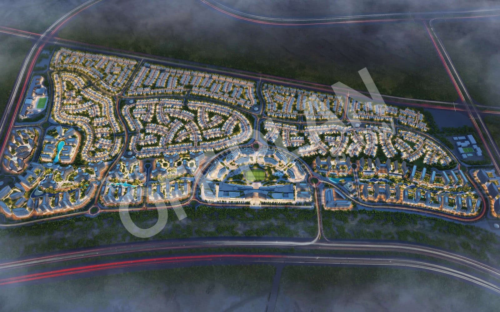 Aerial render of the whole Sobha Sanctuary masterplan at dusk between two highways