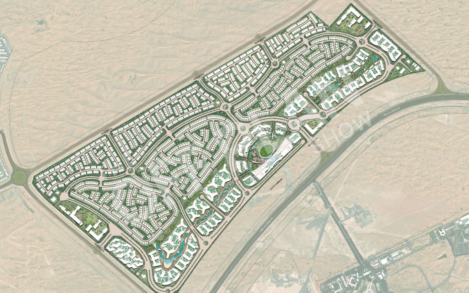 Sobha Sanctuary illustrative masterplan: villa streets on one side, apartment clusters, lagoons and a central sports park along the main road