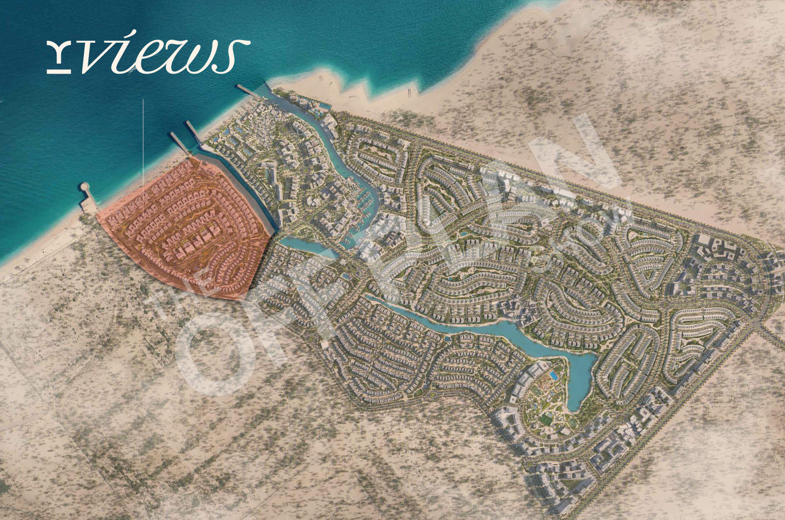 BAYN site plan with the Y Views cluster highlighted at the beach end, next to the marina and canal