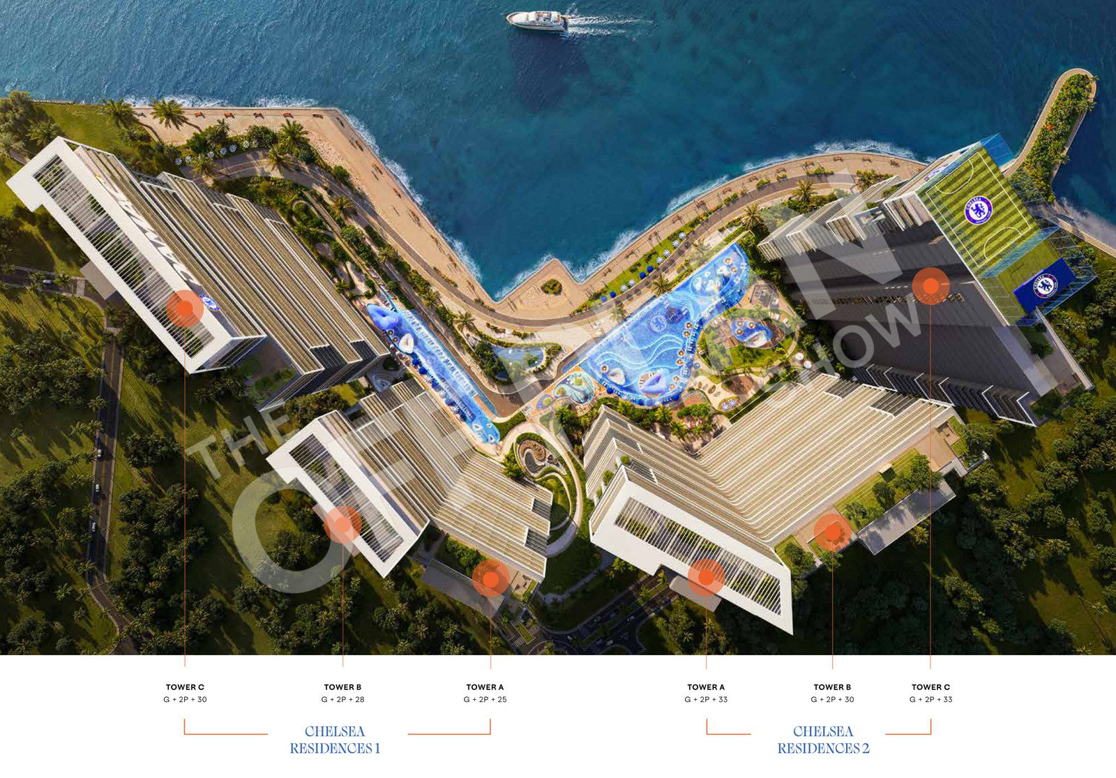 Aerial site plan labelling Chelsea Residences 1 (Towers A, B, C) and Chelsea Residences 2 (Towers A, B, C) around a podium of pools on the waterfront