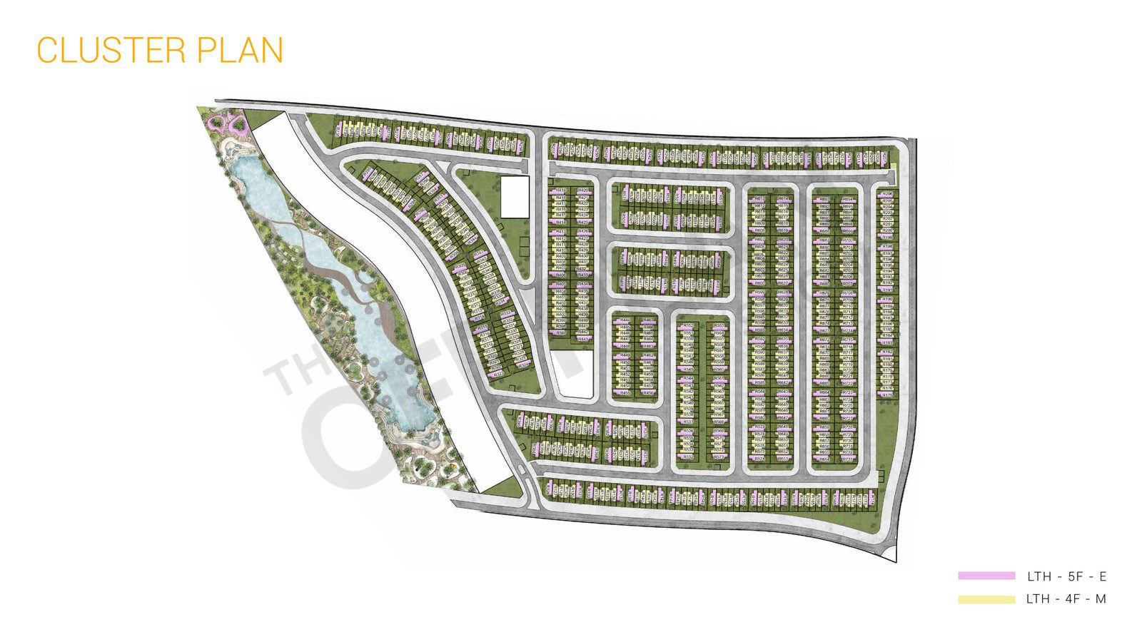 Marbella cluster plan with rows of 4- and 5-bed townhouses beside a lagoon park