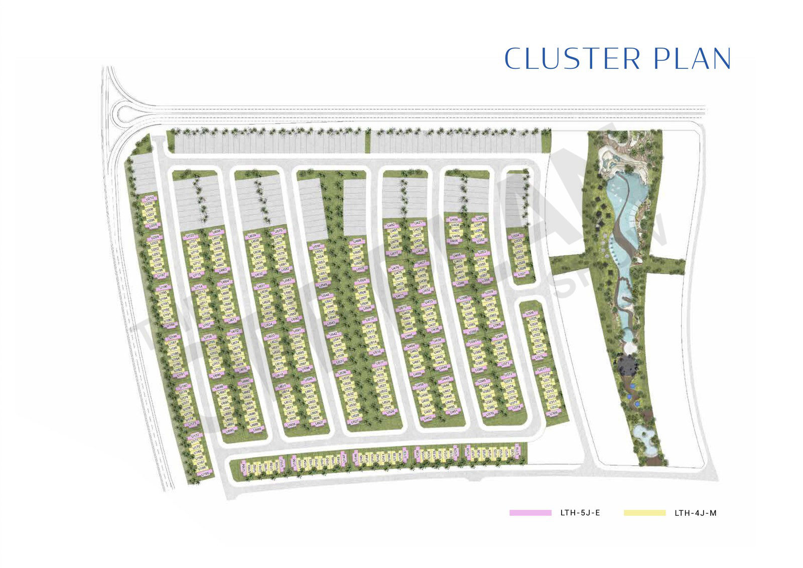Mykonos cluster plan showing rows of 4- and 5-bed townhouses beside a lagoon park