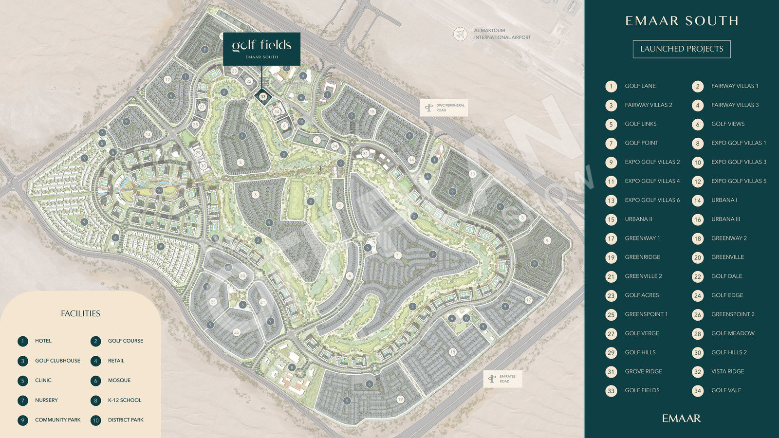 Emaar South masterplan with Golf Fields (33) called out on the northern edge of the golf course