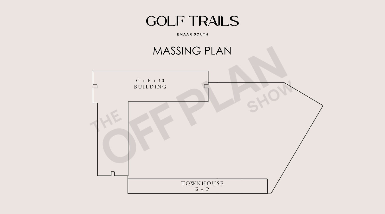 Golf Trails massing plan: an L-shaped G+P+10 apartment building and a G+P townhouse row