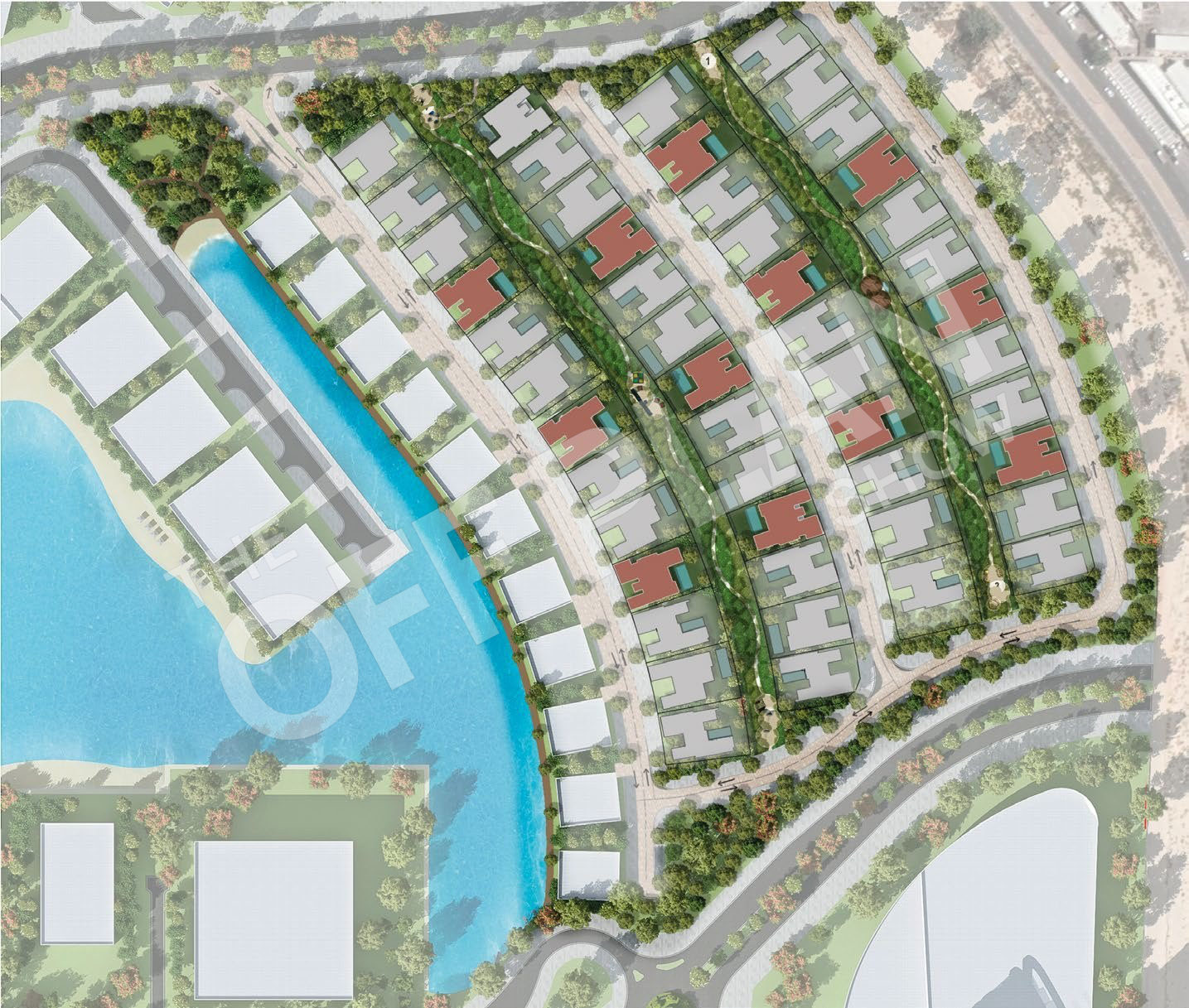 Sobha Estates Cluster A site plan: rows of villas behind green park strips beside the villa lagoon