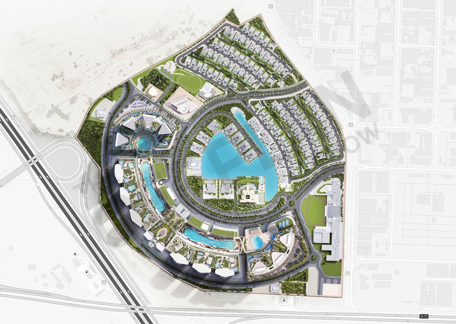 Sobha Hartland II masterplan: villa streets to the north and east, a central lagoon, and apartment towers with podium pools along the western and southern arc, Al Khail Road to the west