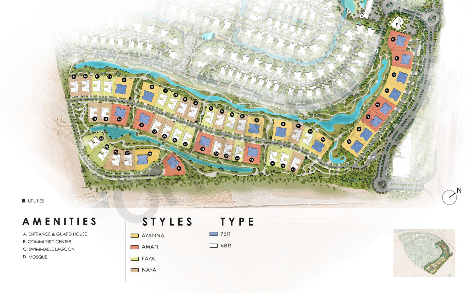 Lavita site plan with 43 mansions colour-coded by style and type, entrance, community centre, lagoon and mosque