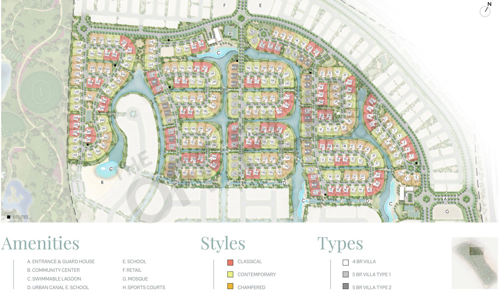Palmiera site plan with 265 numbered villas, lagoons, a canal, community centre, school, mosque and sports courts