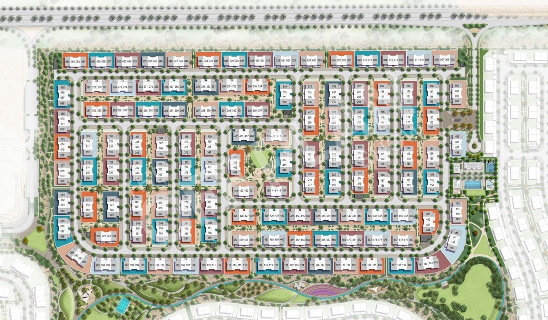 Velora site plan with townhouse blocks colour-coded by style