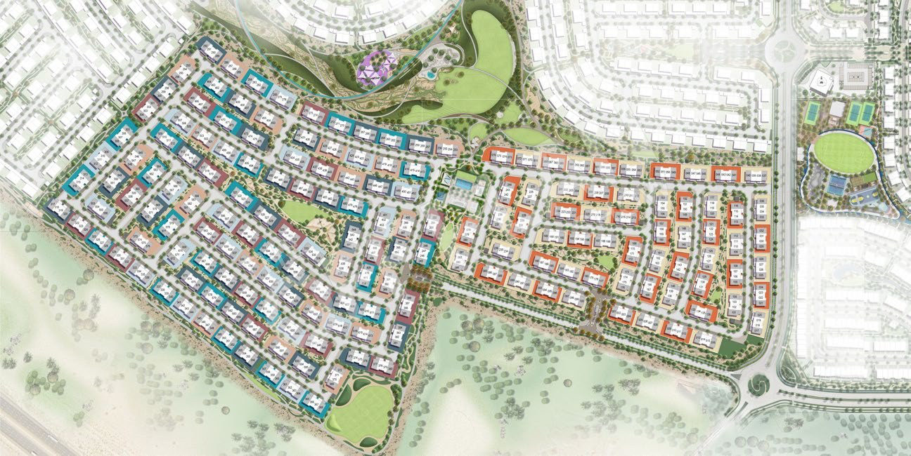 Venera site plan with townhouse blocks colour-coded by style around parks and a community centre