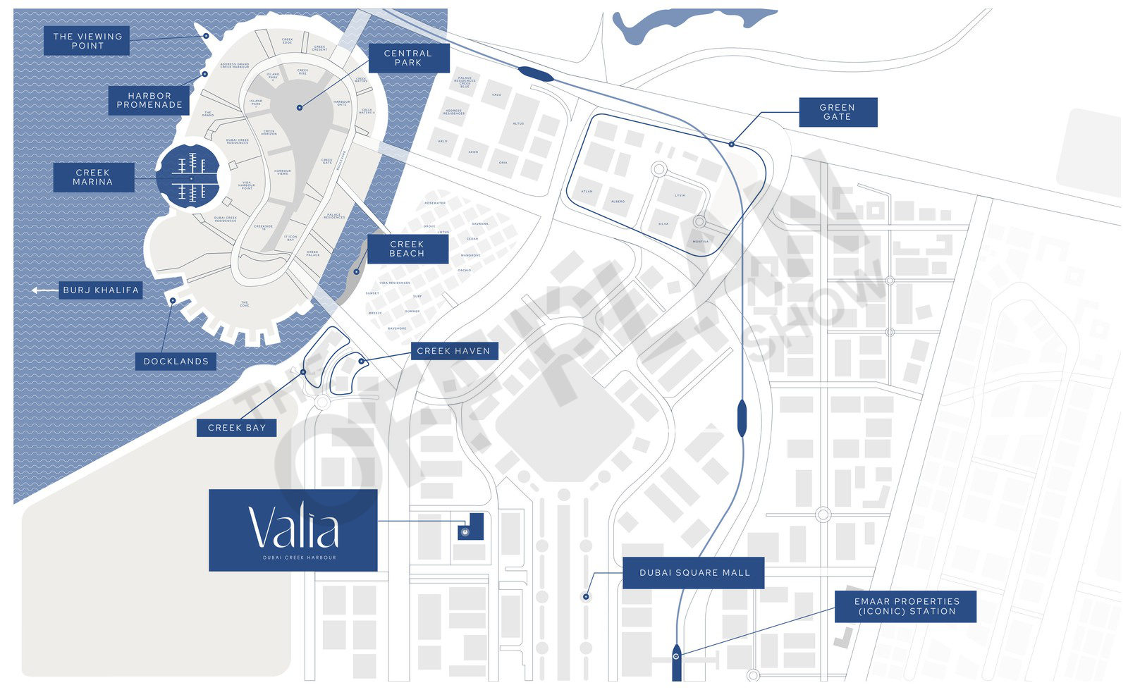 Dubai Creek Harbour map showing the island with Creek Marina, Central Park and Creek Beach, Creek Haven, Creek Bay, Green Gate, Dubai Square Mall, the Emaar Properties (Iconic) station and Valia marked in Dubai Square